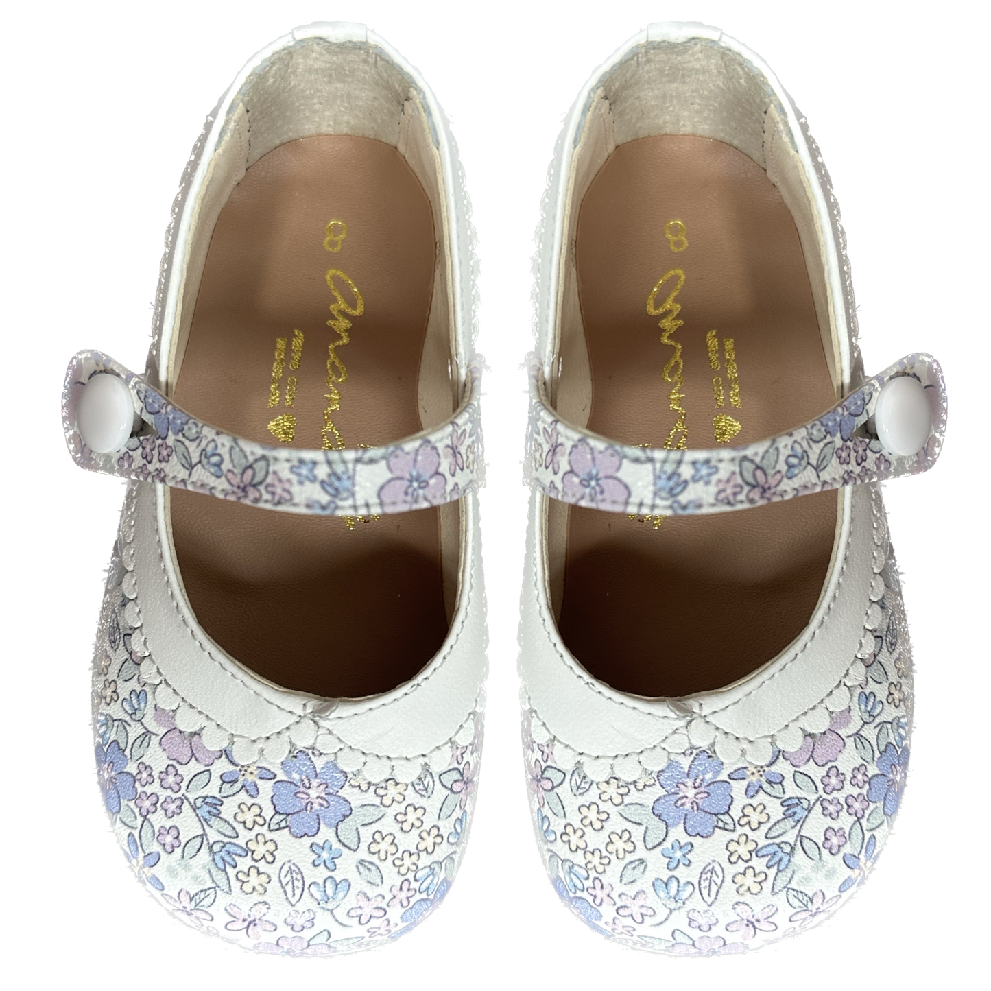 Sapato Infantil Ananás & Raquel Mattar no couro floral Sarah Azul com Branco