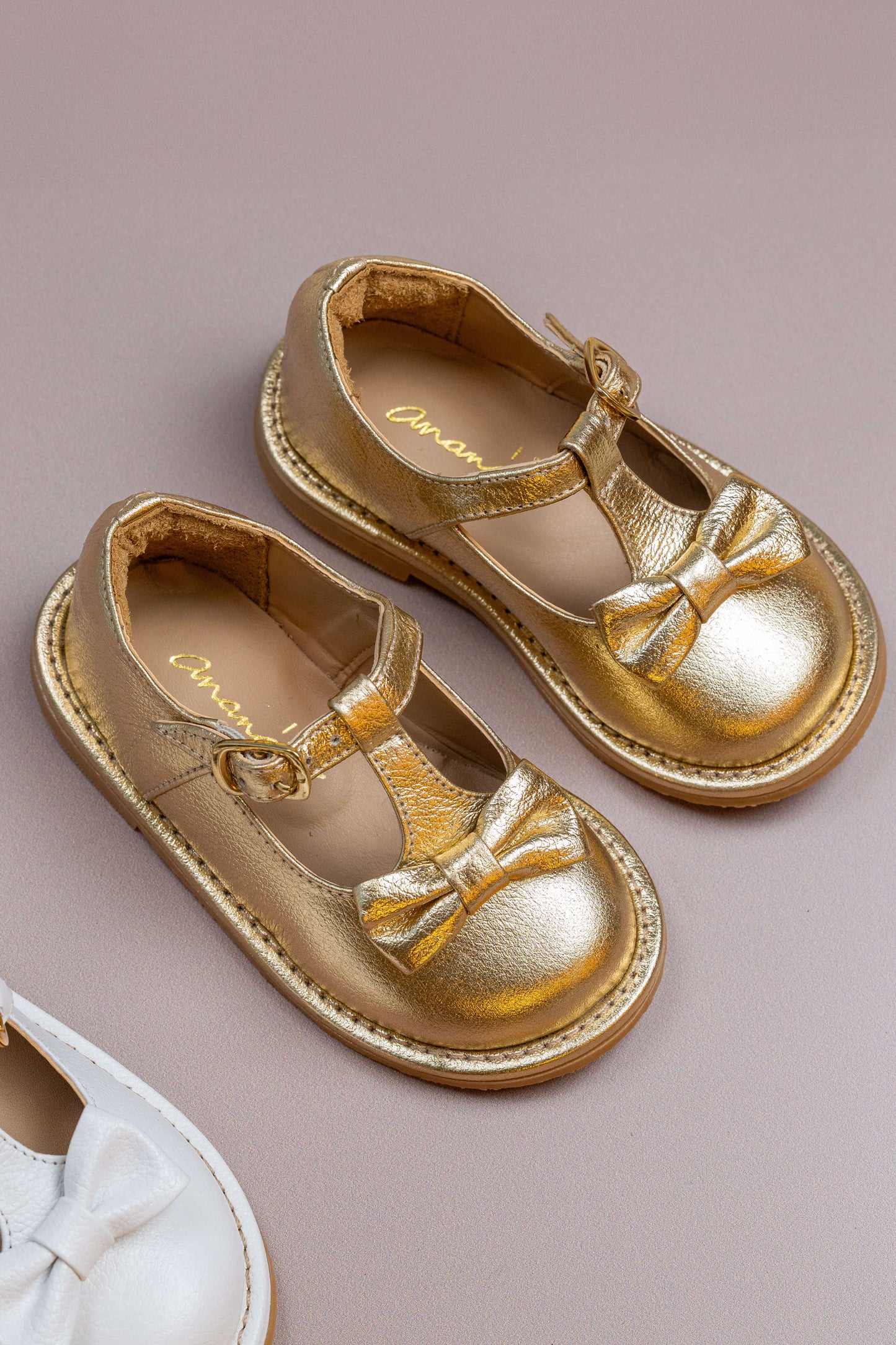 Sapato Infantil Ananás George Bow Couro Metalizado Ouro