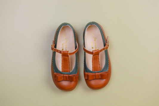 Sapato Infantil Ananás Amelia Couro Caramelo com Verde