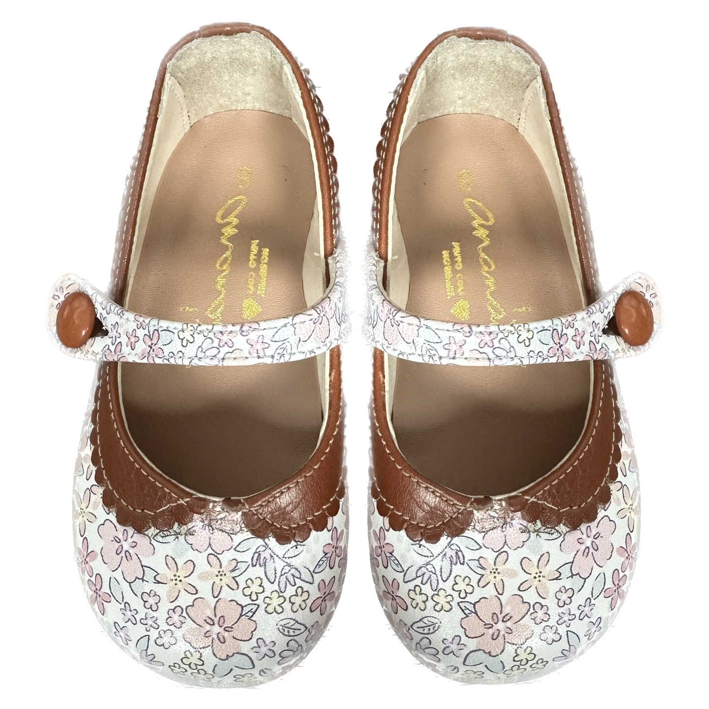 Sapato Infantil Ananás & Raquel Mattar no couro floral Sarah Rosa com Caramelo