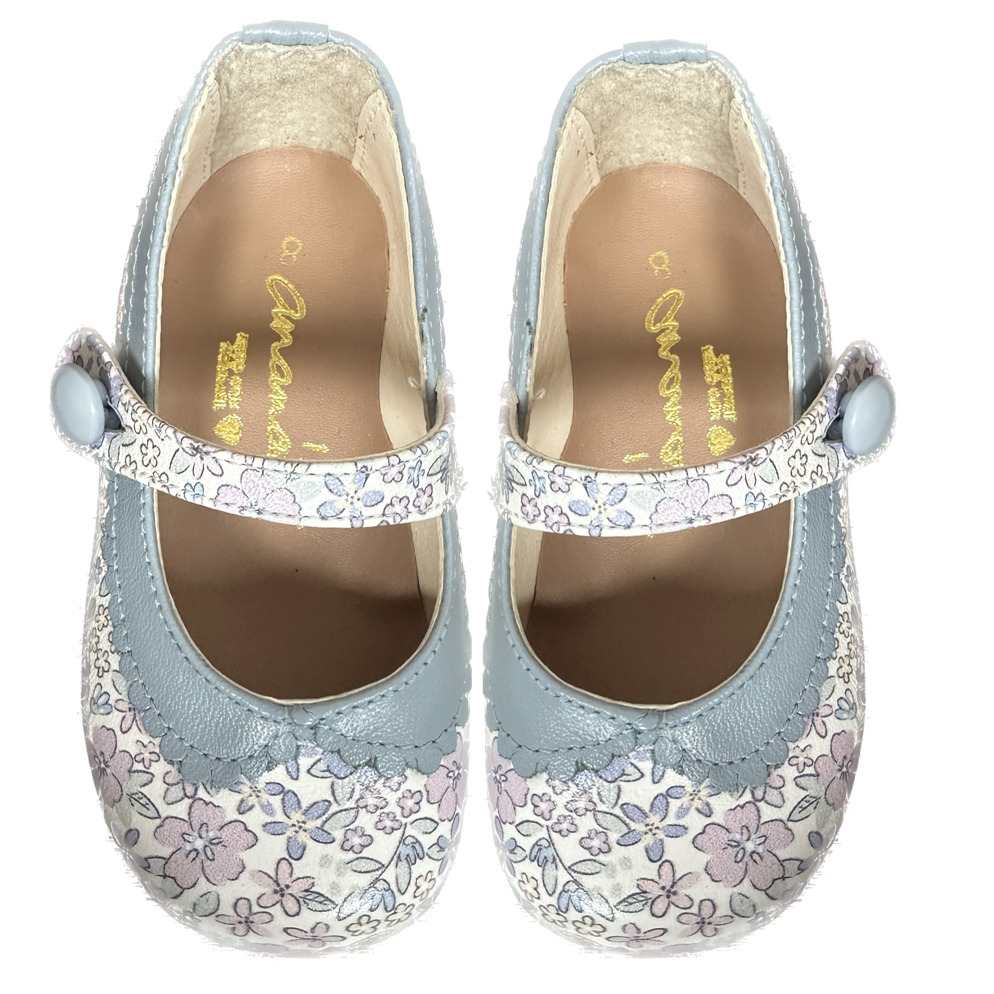 Sapato Infantil Ananás & Raquel Mattar no couro floral Sarah Azul com Azul Bebê