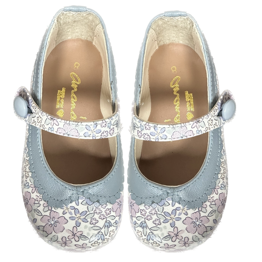 Sapato Infantil Ananás & Raquel Mattar no couro floral Sarah Azul com Azul Bebê