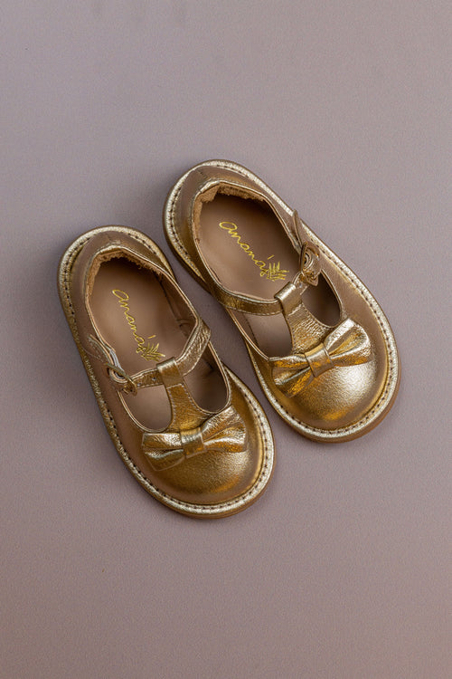 Sapato Infantil Ananás George Bow Couro Metalizado Ouro | Atacado
