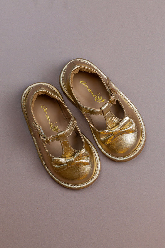 Sapato Infantil Ananás George Bow Couro Metalizado Ouro
