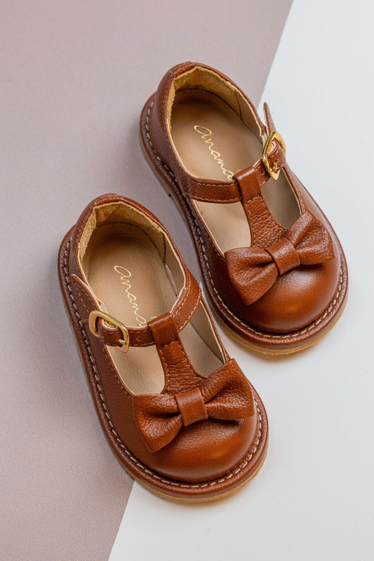 Sapato Infantil Ananás George Bow Couro Caramelo