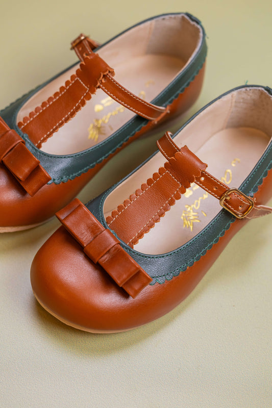 Sapato Infantil Ananás Amelia Couro Caramelo com Verde