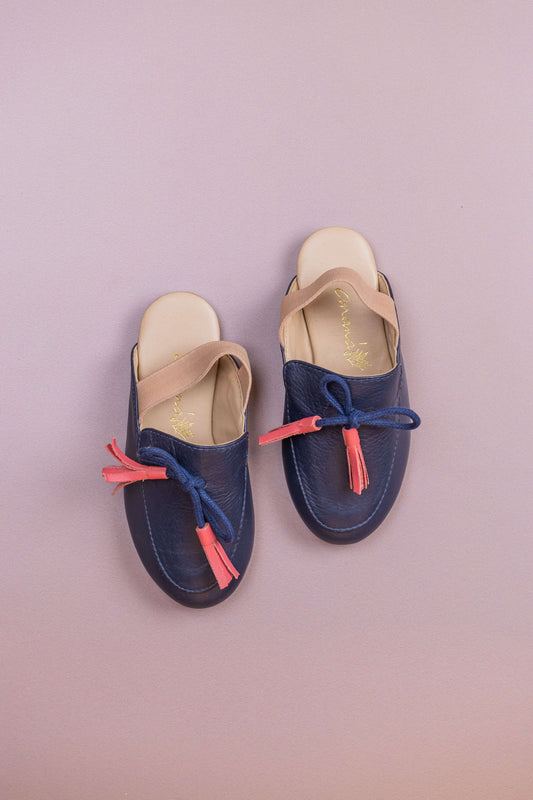 Mule Infantil Ananás Aida Couro Azul Marinho com Sandy