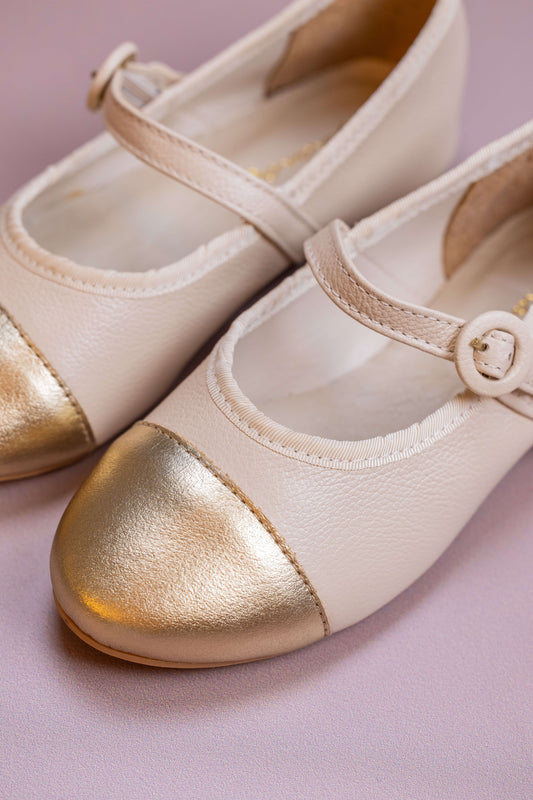 Sapatilha Infantil Ananás Amelie Couro Marfim com Ouro