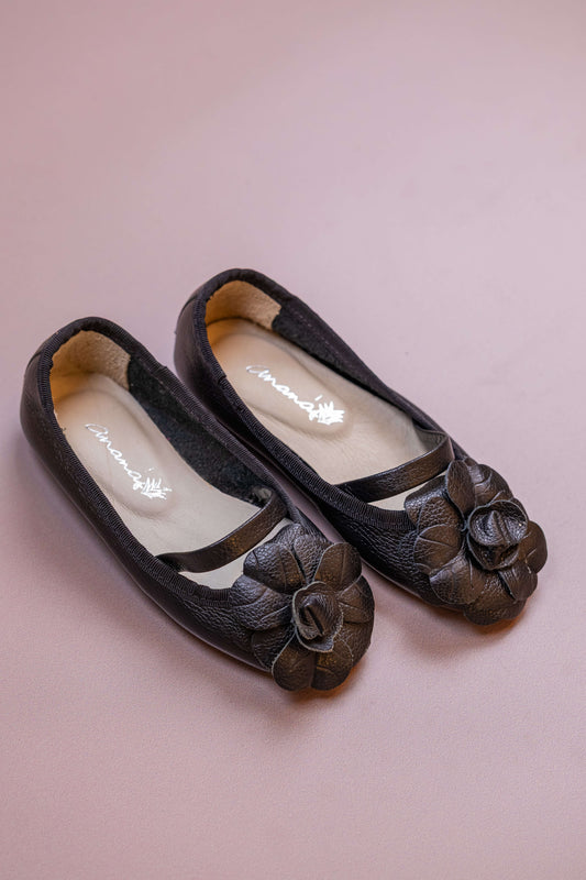 Sapatilha Infantil Ananás Bailarina Anna com Camélia Couro Preto
