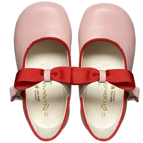 Sapato Infantil Ananás Beth Laço de Fita Couro Rosa Bebê com Vermelho